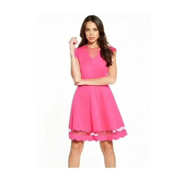 Ted Baker London Pink Sharlot Mesh Paneled Scallop Fit Flare Dress Size US 4 - Picture 1 of 9